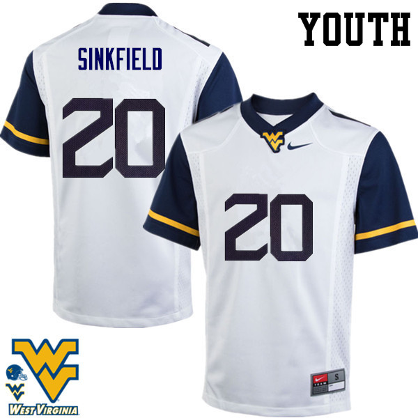Youth #20 Alec Sinkfield West Virginia Mountaineers College Football Jerseys-White - Click Image to Close
